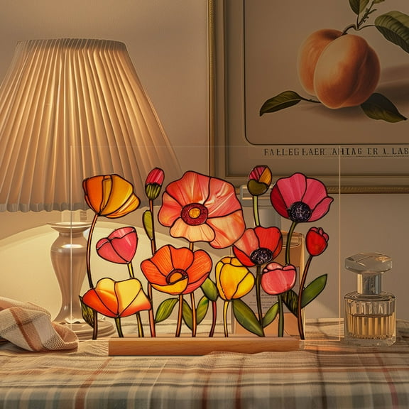 Blueek Acrylic Floral Display Ornament - Romantic Home Decor with Wooden Base, Elegant Transparent Desktop Decoration(6x8 inch)