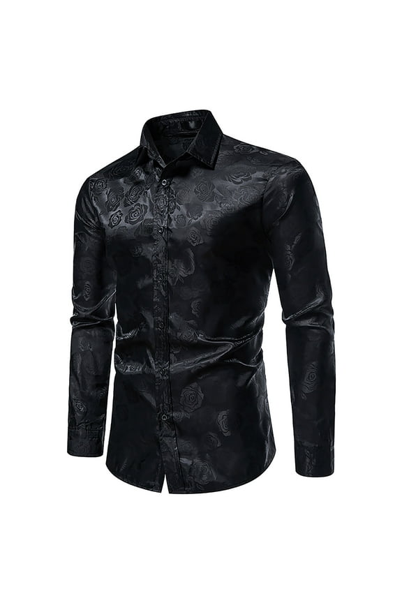 Black and Men'S Long Sleeve Fashion Rose Printed Casual Button Slim formal Shirt
