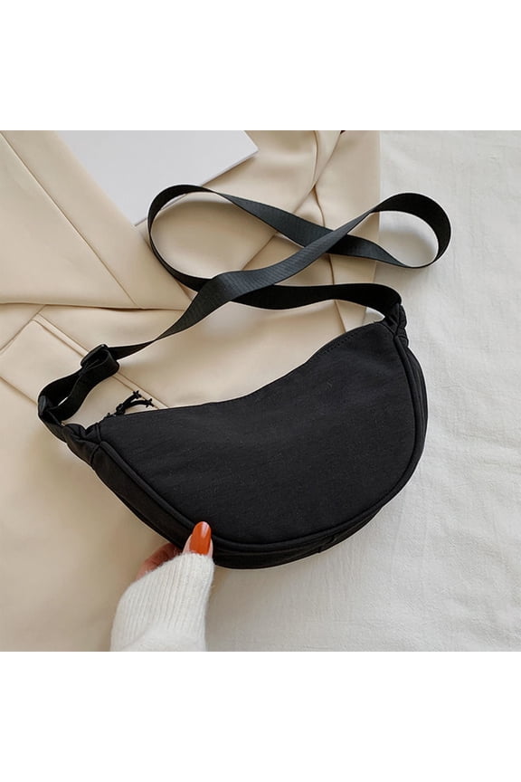 Crescent Bag for Women and Men, Fashion Medium Nylon Folding Crescent Moon Bag Single Shoulder Bag with Adjustable Strap ,Black