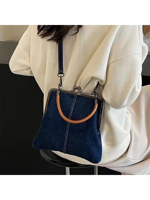 Handmade Cowboy Patchwork Small Tote Bag - Canvas Shoulder Crossbody Satchel for Women - Stylish & Versatile Handbag,Dark Blue