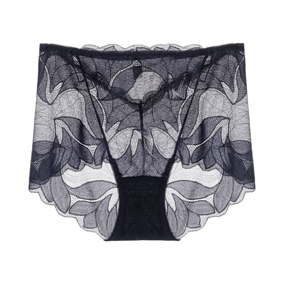 Blueek Ladies Silk Lace Underwear,Mid-raist Hollow Buttocks Comfortable Briefs Embroidered Cotton Crotch Women's Underwear_Black_XL