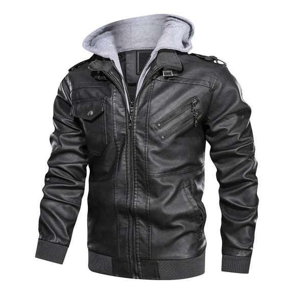 Blueek Leather Jacket Men'S Slim Hooded Jacket Plush Thickened Leather Jacket