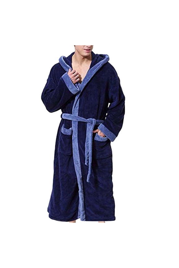 Men Patchwork Fashion Long-Sleeved Hooded Belted Comfortable Night Gown Bathrobe