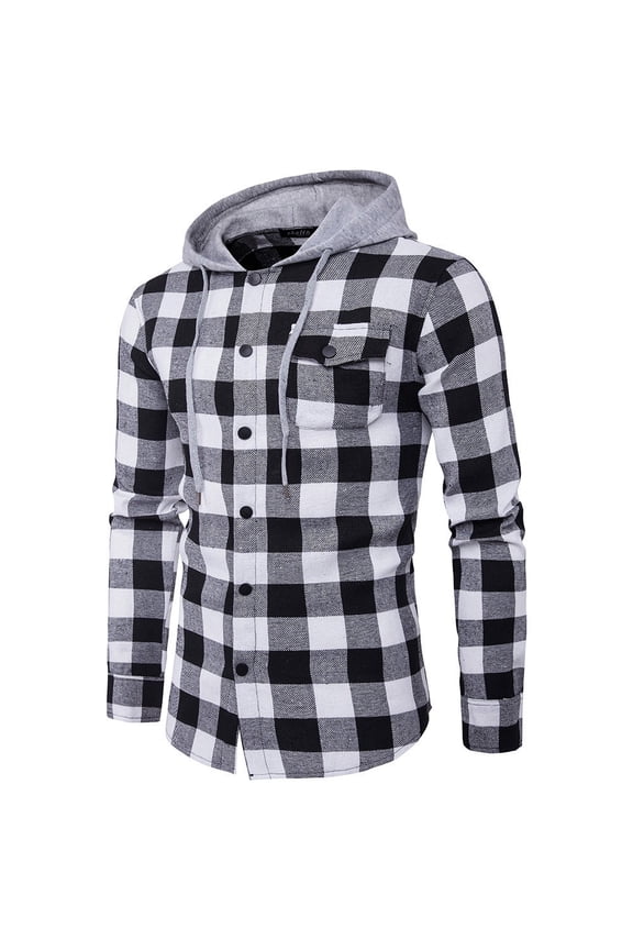 Men'S Autumn Casual Plaid Shirts Long Sleeve Pullover Shirt Top Hooded Blouse