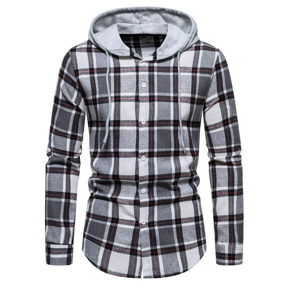 Blueek Men's Plaid Shirts Long Sleeve Pullover Top Button Down Cardigans Fall Hooded Blouse,Gray A,XXL