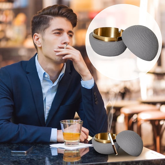 Blueek Modern Covered Ashtray with Stainless Steel Lining, Durable Smoke Ashtray for Indoor Outdoor Use for Home Office Patio(Gray Gold)