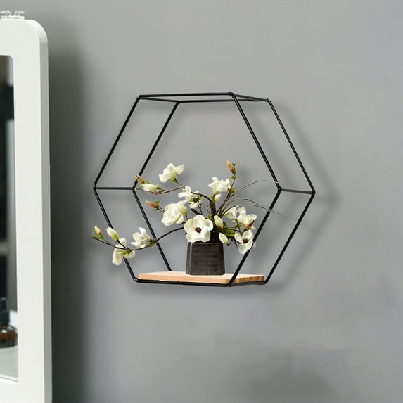 Blueek Modern Wall Mounted Hexagonal Floating Shelves - Metal & Wood Decor Storage for Bedroom, Living Room, Office - Black