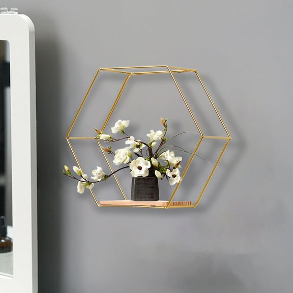 Blueek Modern Wall Mounted Hexagonal Floating Shelves - Metal & Wood Decor Storage for Bedroom, Living Room, Office - Gold/White/Black