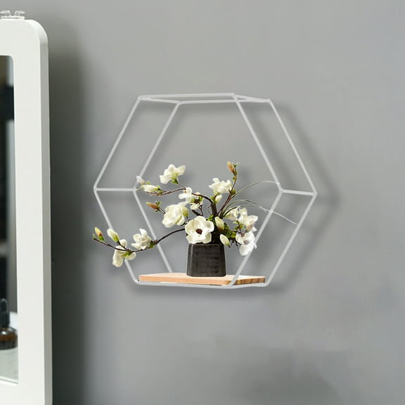 Blueek Modern Wall Mounted Hexagonal Floating Shelves - Metal & Wood Decor Storage for Bedroom, Living Room, Office - White