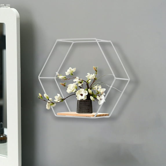 Blueek Modern Wall Mounted Hexagonal Floating Shelves - Metal & Wood Decor Storage for Bedroom, Living Room, Office - White