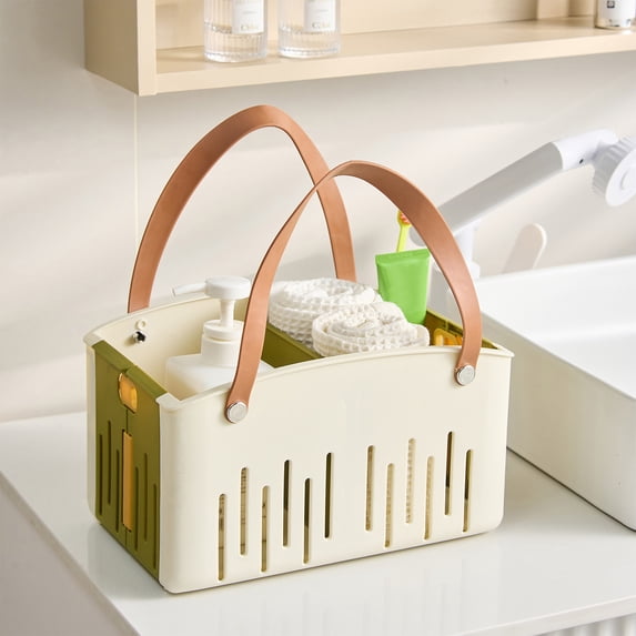 Blueek Portable Plastic Storage Basket, Foldable Shower Organizer, Quick-Drying Bathroom Caddy, Wall-Mounted with Handle, 8.3 Inch, Green