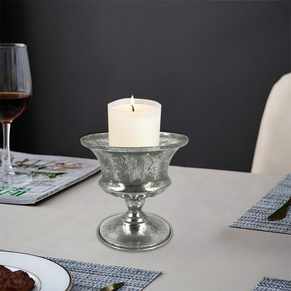Blueek Silver Vintage Iron Candle Holder Vase, 5-Inch Antique Gold Glass Compote Bowl Pedestal Flower Bowl Centerpiece(5.91x4.72x4.72in,Silver)