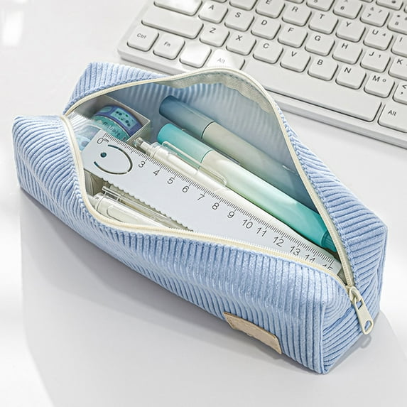 Blueek Vintage Corduroy Pencil Case - Stylish Korean Stationery Bag, Lightweight and Spacious Pen Holder, Makeup Organizer,Light Blue