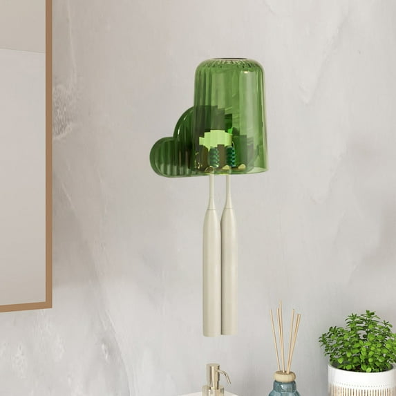 Blueek Wall Mounted Toothbrush Holder Set - No Hole Bathroom Storage Solution, Non-slip Design, Travel & Home Organizer,Green