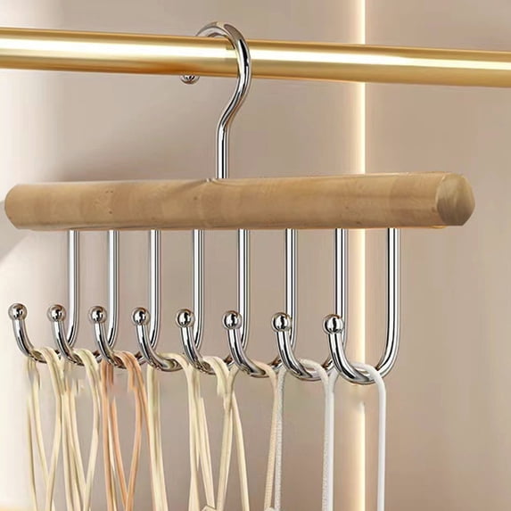 Blueek Wooden Closet Organizer Belt Rack with 8 Hooks, Multifunction Sturdy Hanger Tie Rack, 11 Inch, Beige