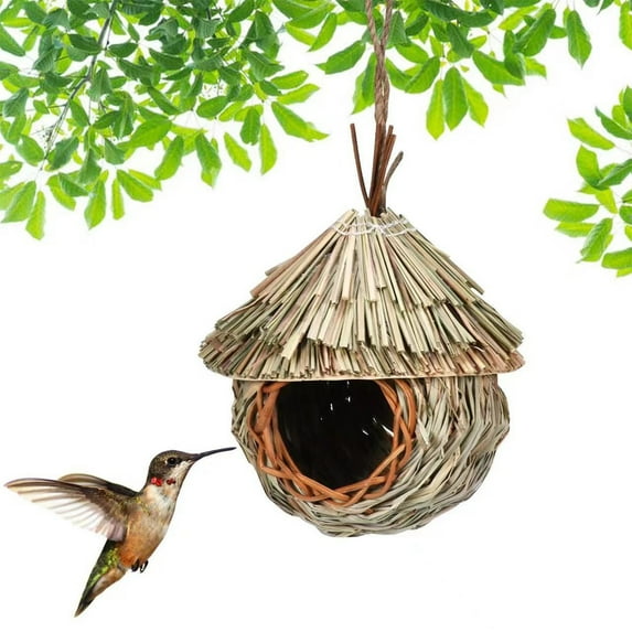 Blueek Woven Straw Birds Nest, Hummingbird House for Outside, Hanging Sparrow Shelter for Garden Decorations, Bird Lover Gift Birdhouses, 6x6 Inch