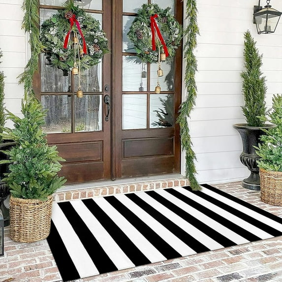 BlueekFall Outdoor Rug 24x16 Inch, Christmas & Thanksgiving Decor Mat, New Stripe Outdoor Rug Layered Doormats for Front Door Porch Farmhouses Entryway