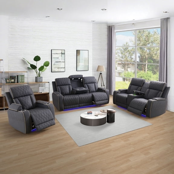 Blueish Grey Sanded Leather Living Room Intelligent Recliner 3-Piece Sofa Set