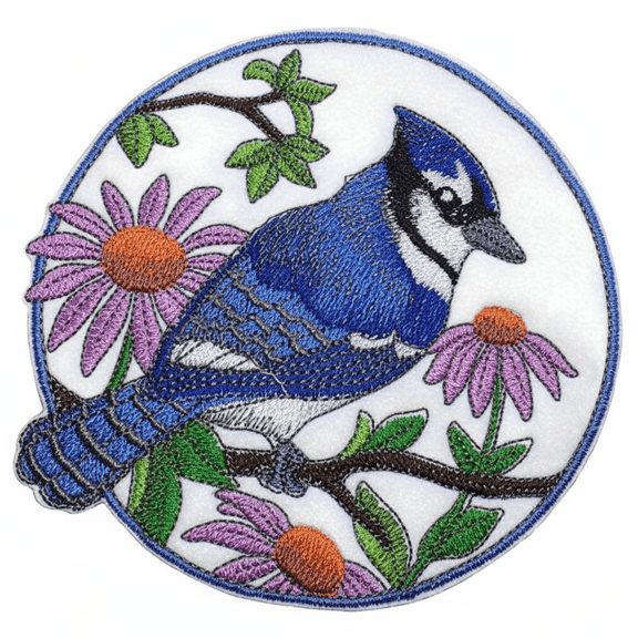 Bluejay And Purple Cornflowers Circle Embroidered Iron on/Sew patch [5" X 5"]