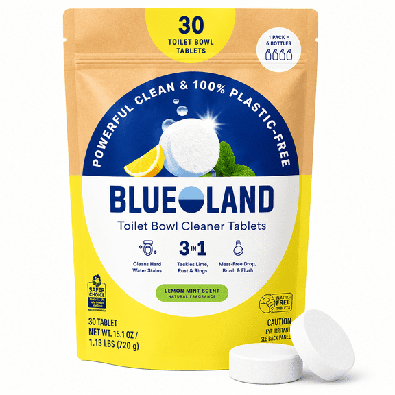 Blueland Toilet Bowl Cleaner Tablets, Lemon Mint Scent, 30 Count | Plastic-Free 3-in-1 Toilet Cleaning Tablets