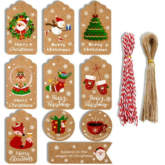 Bluelans 1 Set Brown Kraft Paper Christmas Gift Tags, Xmas Brown Kraft Gift Tags with Jute Twine Baker Twine for DIY Xmas Holiday Present Wrap Stamp and Label Package Name Card