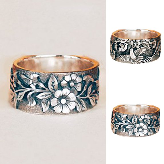 Xinyolin Bird Flower Pattern Unisex Ring Retro Color Alloy Wide Hip Hop - Finger Ring Jewelry Accessory