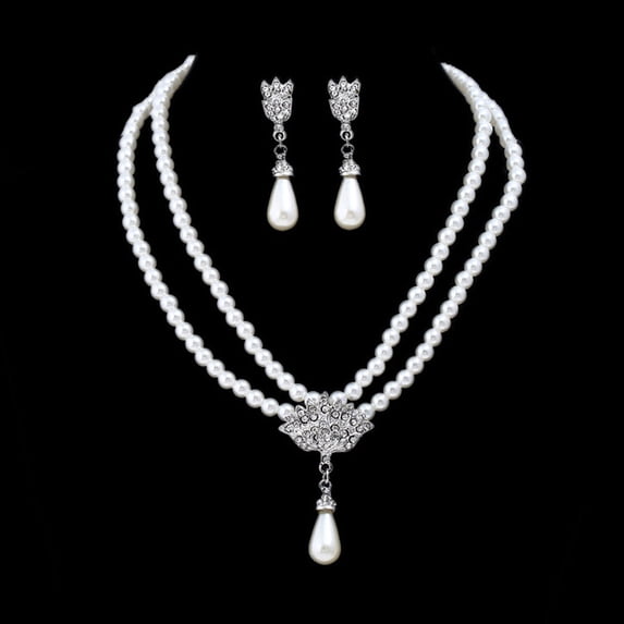 Xinyolin Bridal Necklace Earrings Two Layers Faux Pearls - Adjustable Long Lasting Stud Earrings Set for Wedding