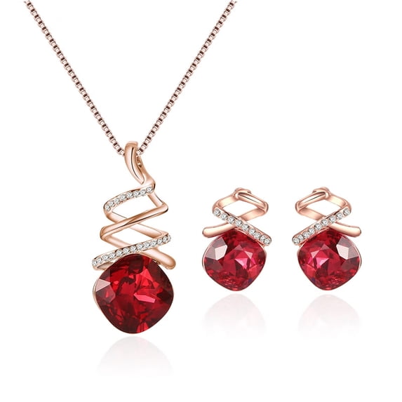 Bluelans Jewelry Set,1 Set Women Necklace Geometric Cubic Zirconia Twisting Elegant Red Square Rhinestone Inlaid Stud Earrings Kit Fashion Jewelry