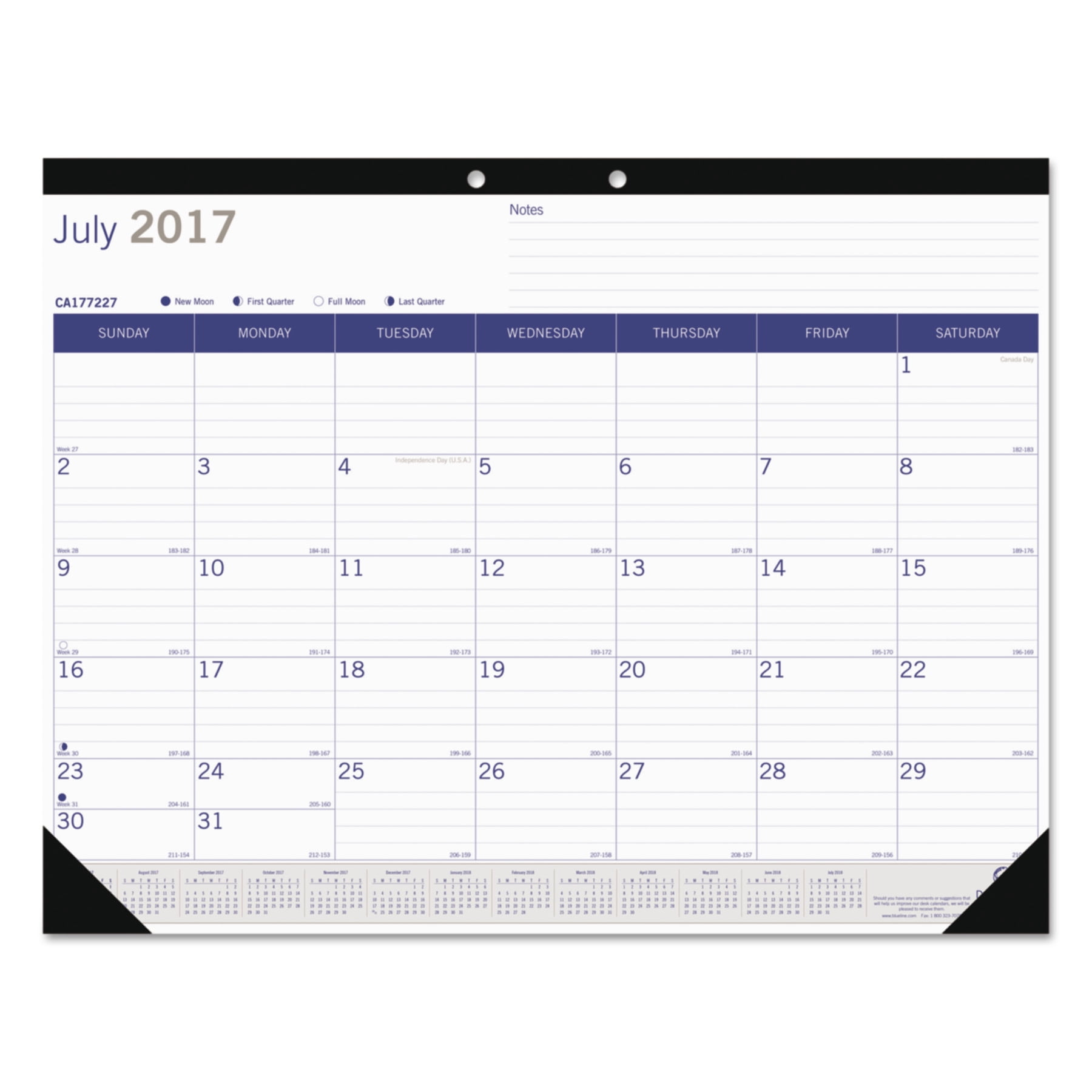 Blueline Academic Desk Pad Calendar, 22 x 17, White/Blue/Gray, 2017-2018