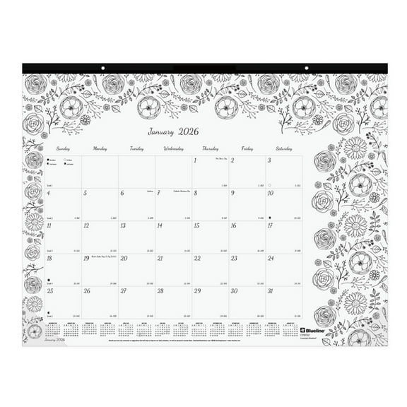 2026 Blueline® DoodlePlan™ Monthly Desk Pad Coloring Calendar, 22" x 17", Motif, January To December, C2917311