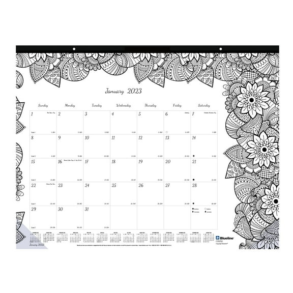Blueline DoodlePlan Monthly Desk Pad Calendar, 22" x 17", Black/White, January To December 2023, C2917311
