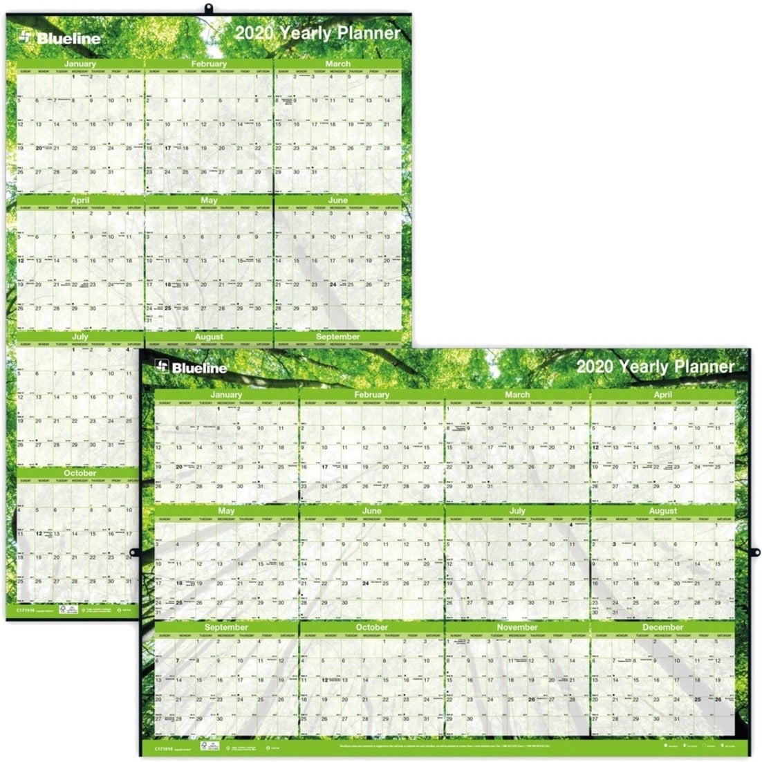Blueline Laminated Yearly Wall Calendar Nature 2020