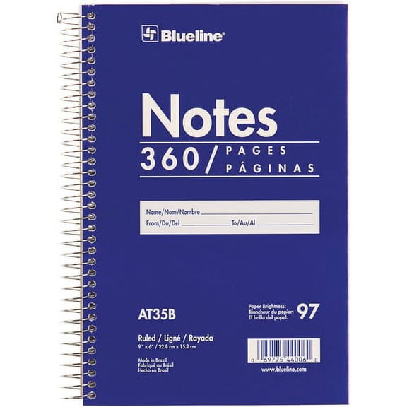 Blueline White Paper Wirebound Steno Pad - 360 Sheets - Spiral - Front Ruling Surface - 9" x 6" - White Paper - Blue Cover - Cardboard Cover - Flexible Cover - 1 Each | Bundle of 10 Each