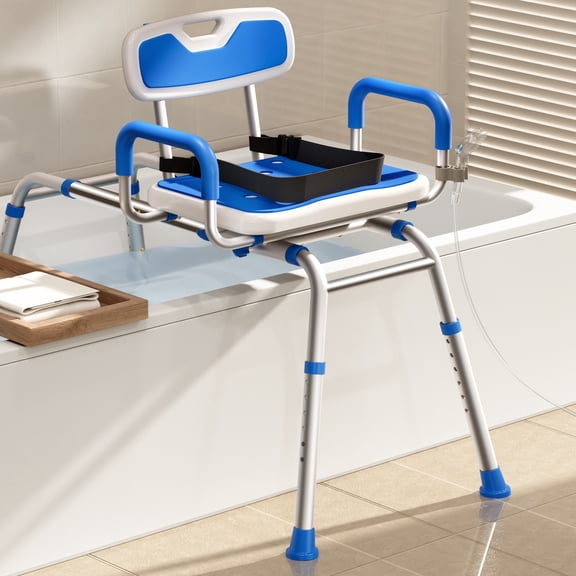 Bluelog Sliding Shower Chair with Extra-Wide 360° Swivel Seat, 330lbs Tub Transfer Bench, Adjustable Height for Elderly & Disabled Inside Shower Chair