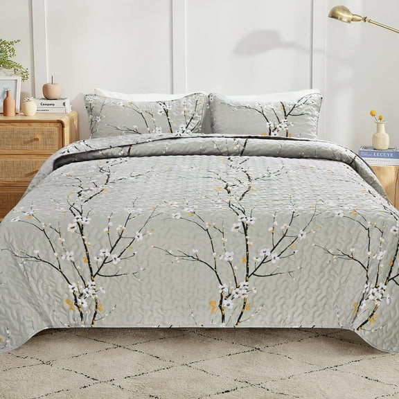 Bluem Cade Flower Quilt Set King Size,Lightweight 3 Pieces Gray Quilts Bedspread,Reversible Quilt Coverlets for All Season