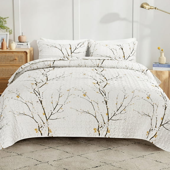 Bluem Cade Flower Quilt Set Twin Size,Lightweight 3 Pieces White Quilts Bedspread,Reversible Quilt Coverlets for All Season