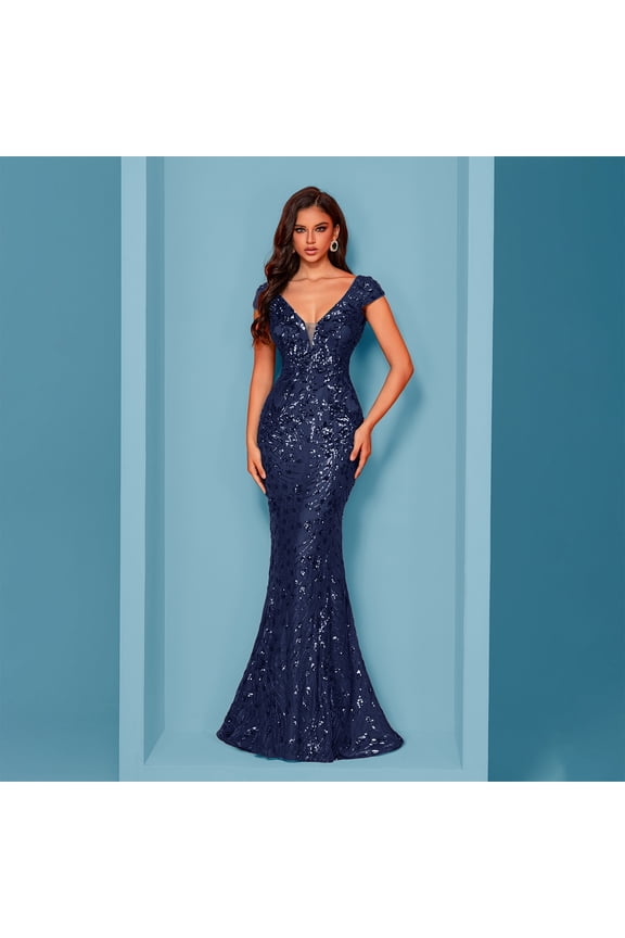 BluepPlum Sequin Elegant Dresses for Women Formal Long Wedding Guest Cape Sleeve Evening Gala Dress Party Mermaid Ball Gowns