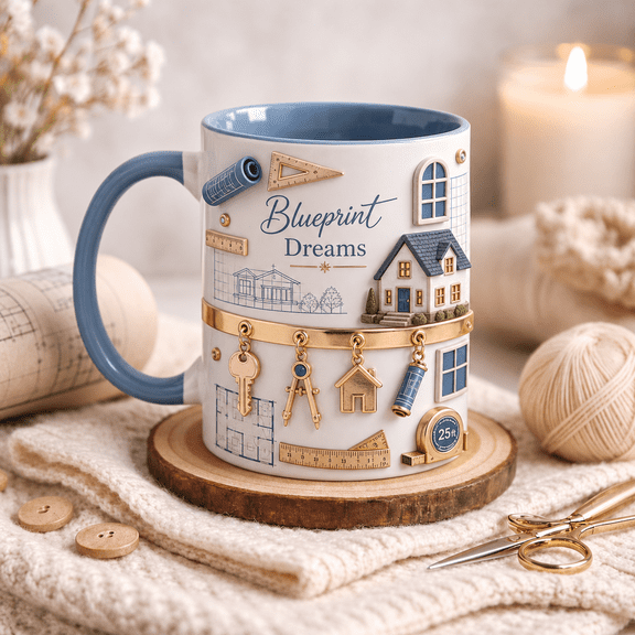 Blueprint Architect Mug, Model House Coffee Cup Gift for Architects & Architecture Lovers