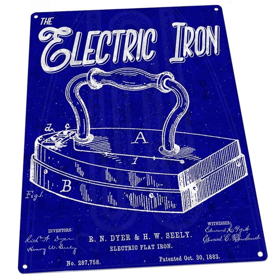 Blueprint Electric Iron Patent Illustration 9"x12" Metal Sign, Wall Decor for Mancave, Den, or Gameroom