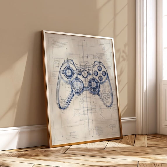 Blueprint Game Controller Geeky Gamer Video Decor For Him, Unframed Paper Poster 8x10in