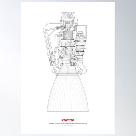 Blueprint Of Spacex Raptor Rocket Engine Poster Wall Art, Modern Wall Decor, 12x18 UNFRAMED