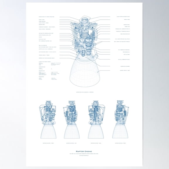 Blueprint Of Spacex Raptor Rocket Engine Poster Wall Art, Modern Wall Decor, 8x12 UNFRAMED