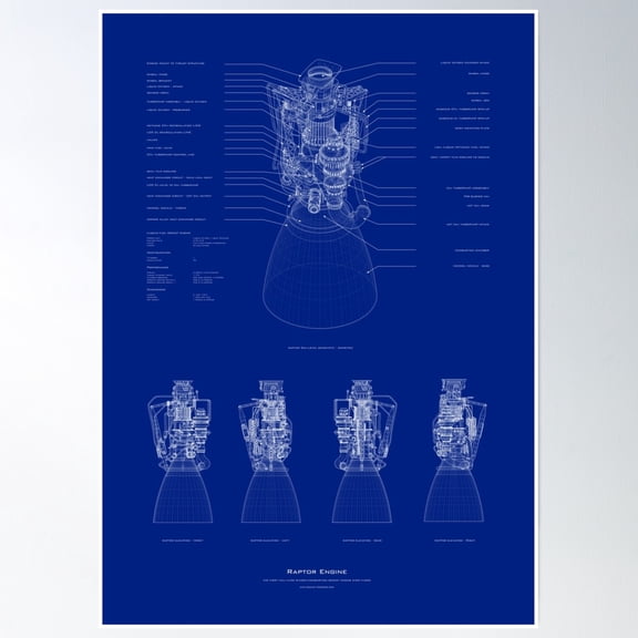 Blueprint Of Spacex Raptor Rocket Engine Poster Wall Art, Modern Wall Decor, 8x12 UNFRAMED