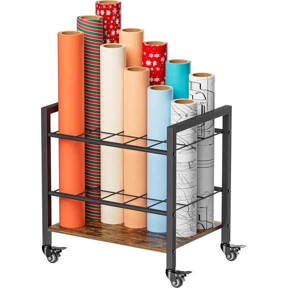 Blueprint Storage Rack Cart, 15 Slots Metal Rolling File Holder with Wheels & Adjustable Pads, Mobile Gift Wrapping Paper Organizer for Maps/Posters/Architectural Construction Plans, Black