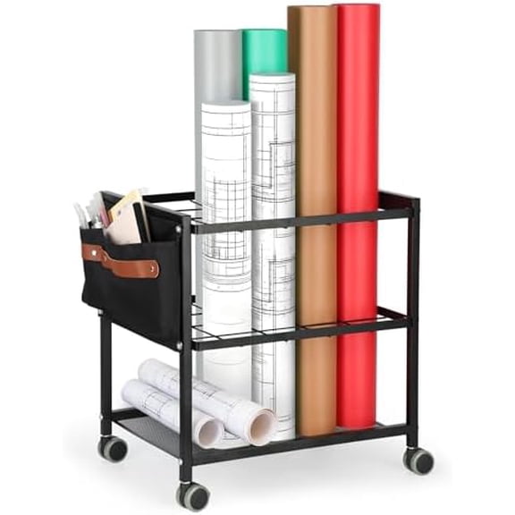 Blueprint Storage Rack Cart with Side Storage Bags, 20 Slots(3.2" x 3.2") Double-Layer Grids Metal Mobile Blueprint Holder with Silent Non Slip Wheels for Home, Office, School$$Furniture