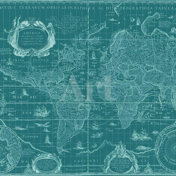 Blueprint World Map, Teal, Unframed Art Print Wall Art by Willem Blaeu Sold by Art.Com
