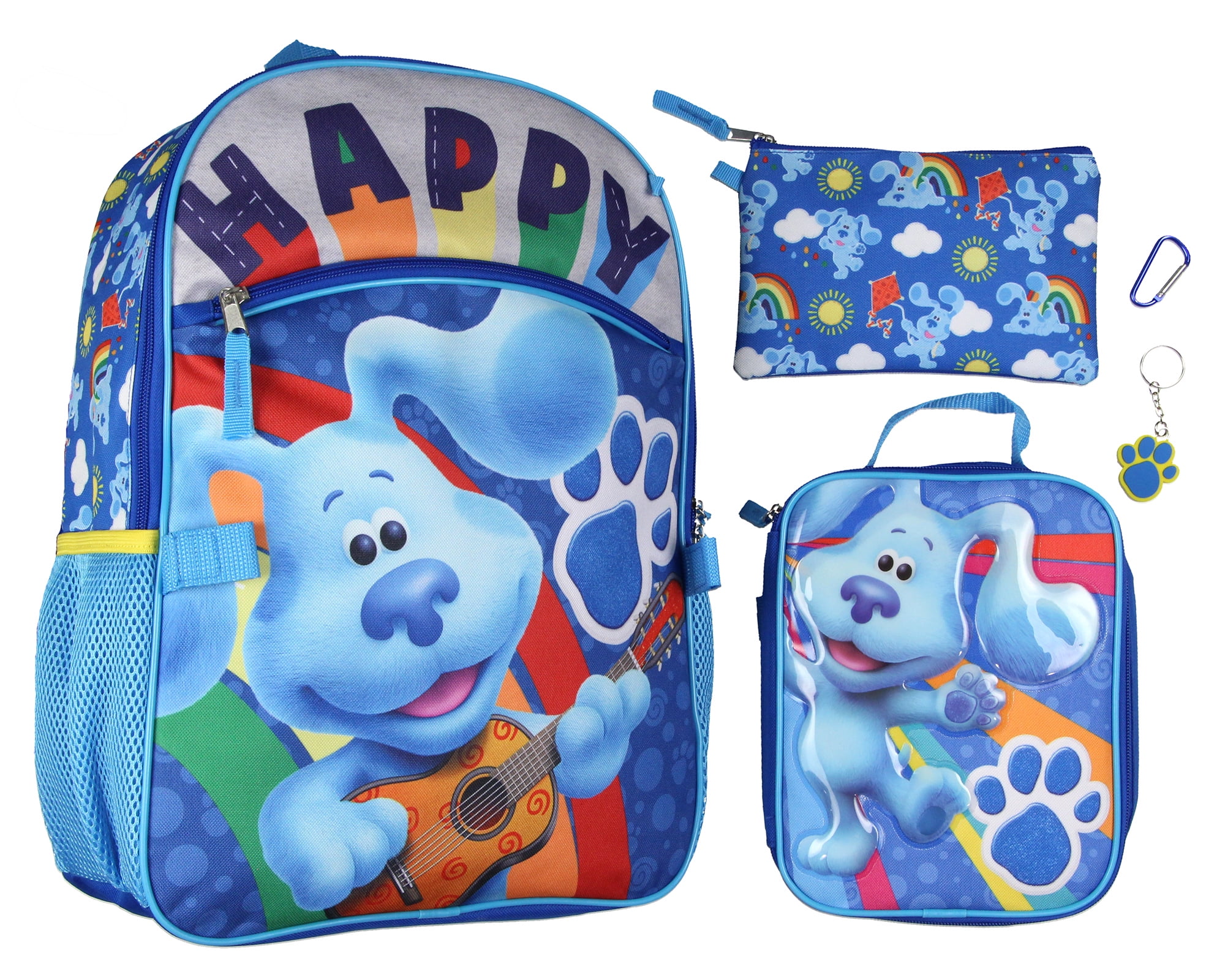 SEVEN TIMES SIX Blues Clues Happy Paws 16" Youth 5-Piece Backpack Set For School Or Travel With Lunch Tote Pencil Case Rubber Keychain Zipper Pull Carabiner