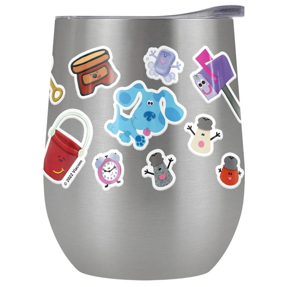 Blues Clues Official Blue And Friends Sticker Collage 12 oz Stemless Tumbler, Stainless Steel Travel Cup|Lake Tumbler|Insulated with Leak Resistant Slide-Lock Lid
