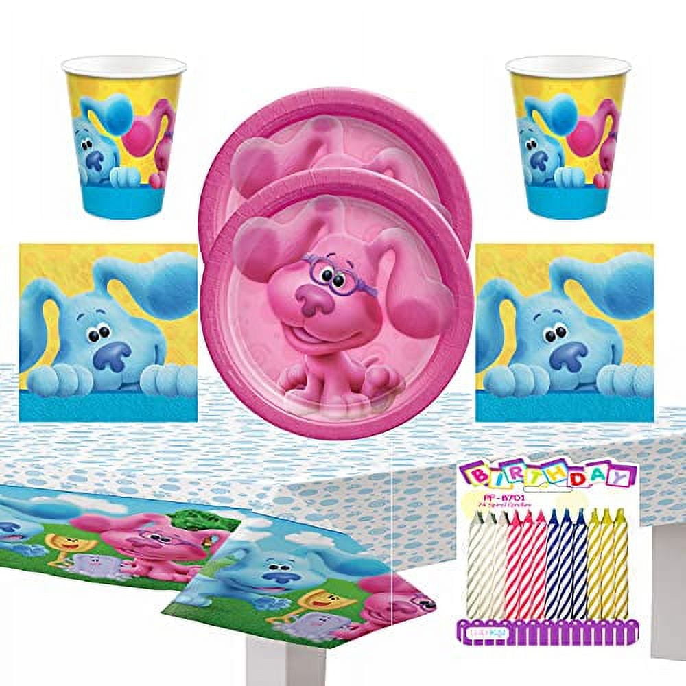 LLILYKAI VALUE BUNDLES Blues Clues - Pink Party Supplies Pack Serves 16: Dessert Plates Beverage Napkins Cups and Table Cover with Birthday Candles (Bundle for 16)