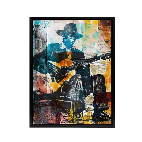 Blues Music Guitar Player Upcycle Black Framed Canvas Wall Art Print 18X24"